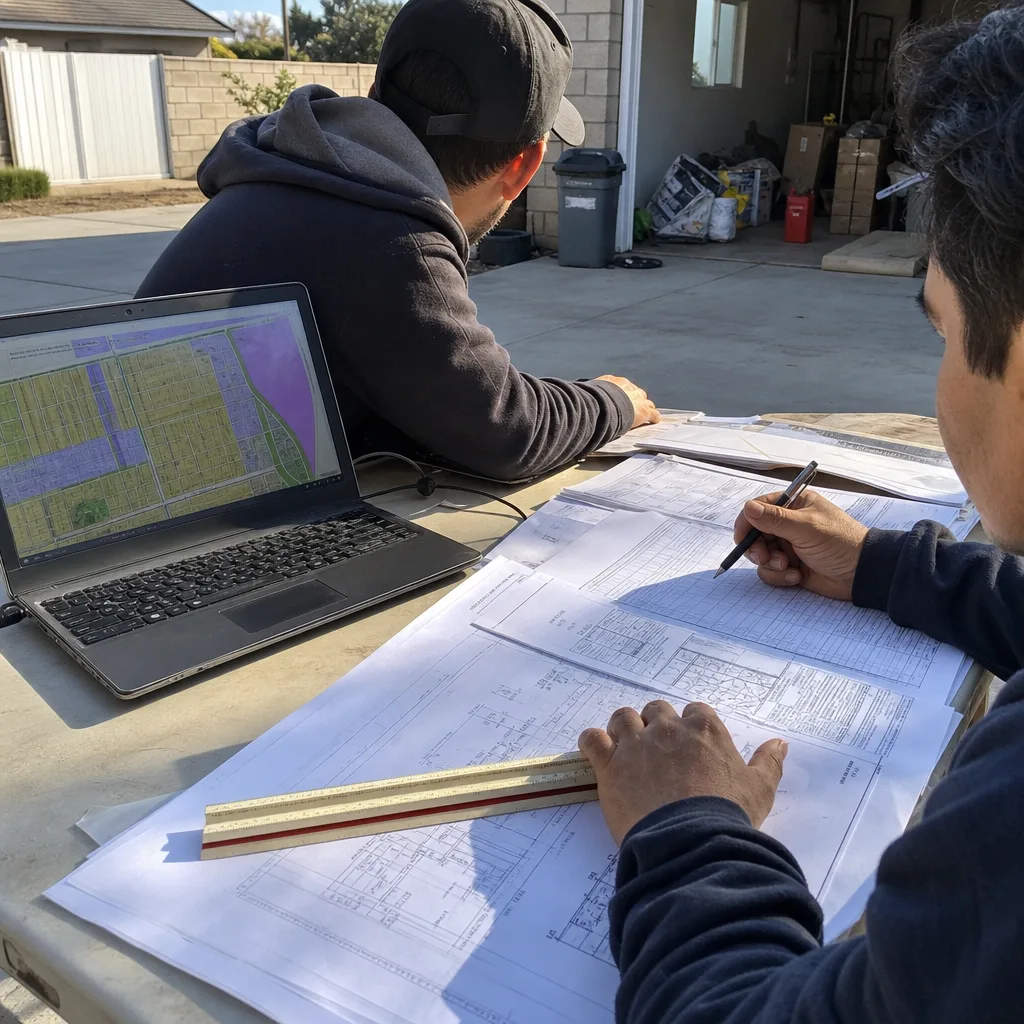 Architects reviewing professional ADU design and permitting plans on a job site.