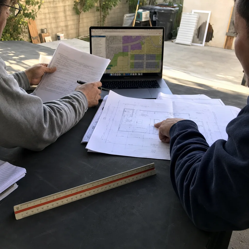Two professionals reviewing ADU blueprints and permitting documents on a laptop.