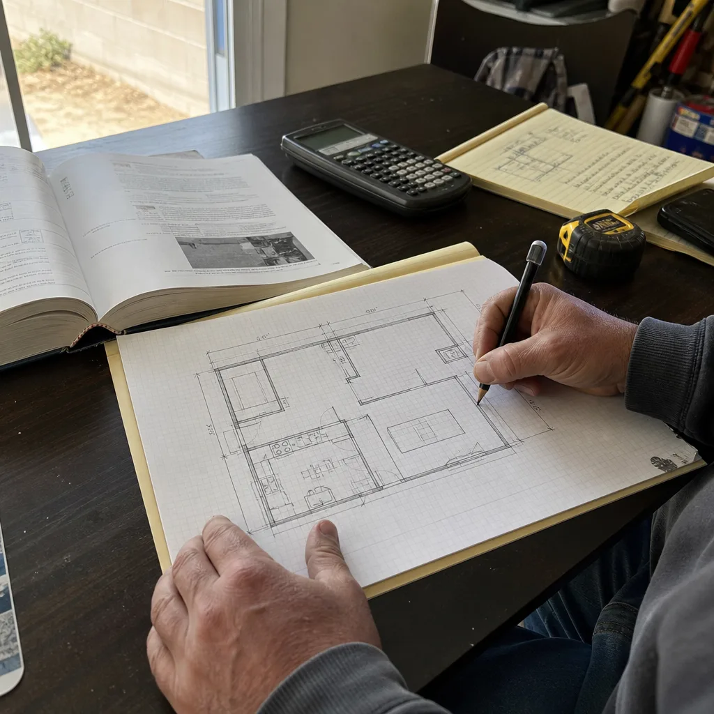 Professional designer drafting an ADU floor plan for permitting