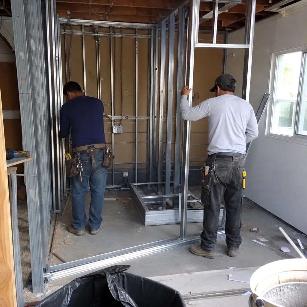 Two contractors building a metal wall frame for a garage conversion project.