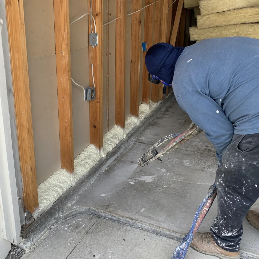 Contractor applying spray foam insulation for garage conversion ADU project