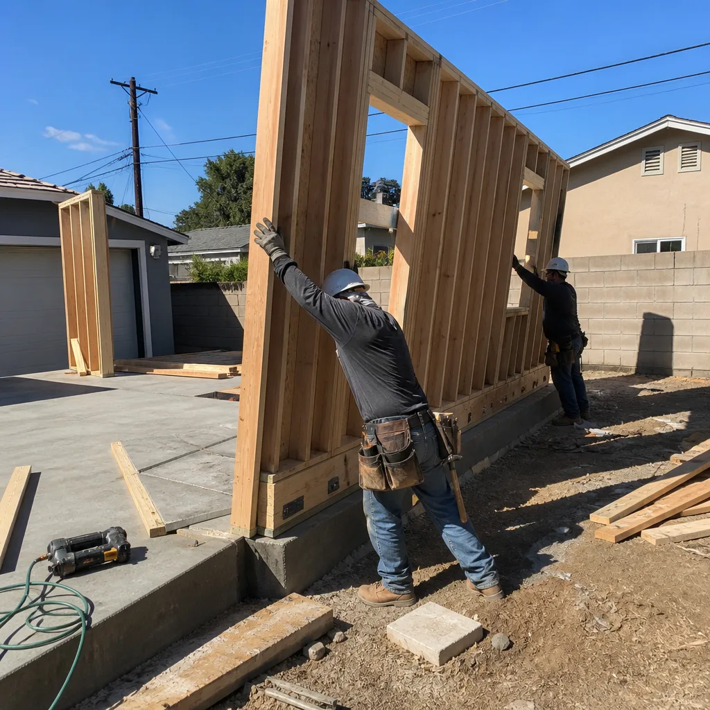 Construction workers installing a wooden wall frame for a detached ADU.