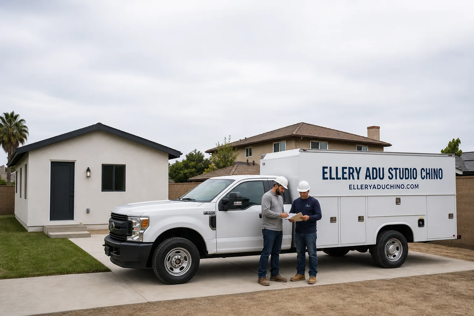 Ellery ADU Studio Chino adu service vehicle and crew in Chino, CA